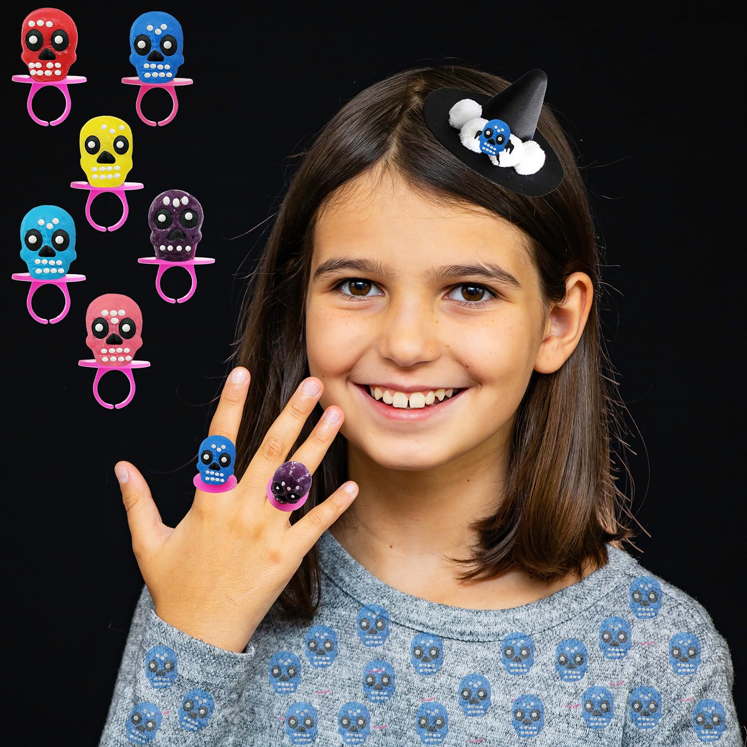 Anillos de caramelo de calavera de Halloween, Día de los Muertos, caramelo duro, envueltos individualmente (paquete de 12)
