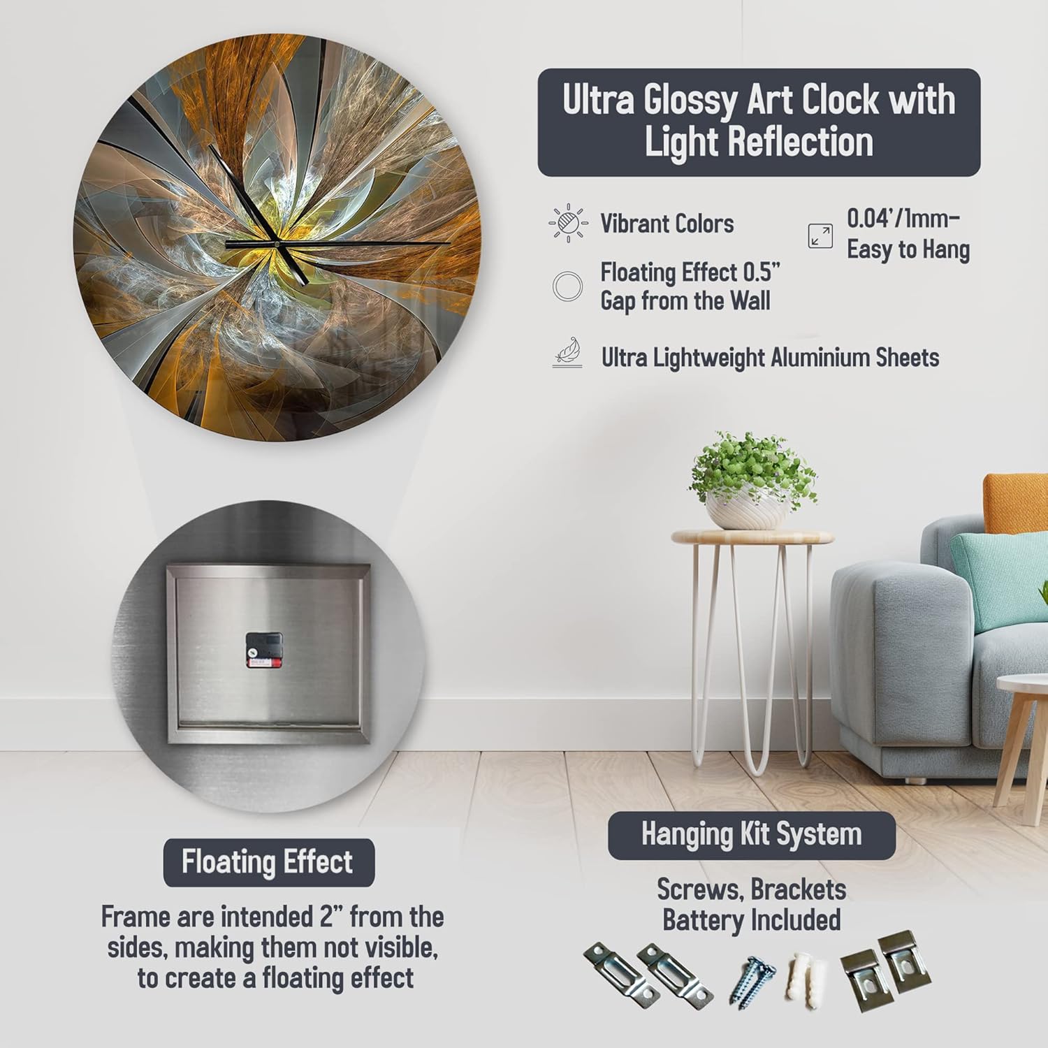 Reloj de pared moderno ‘Fractal brillante con curvas recursivas’ reloj de pared grande para decoración de cocina, dorado, 29 x 29 pulgadas