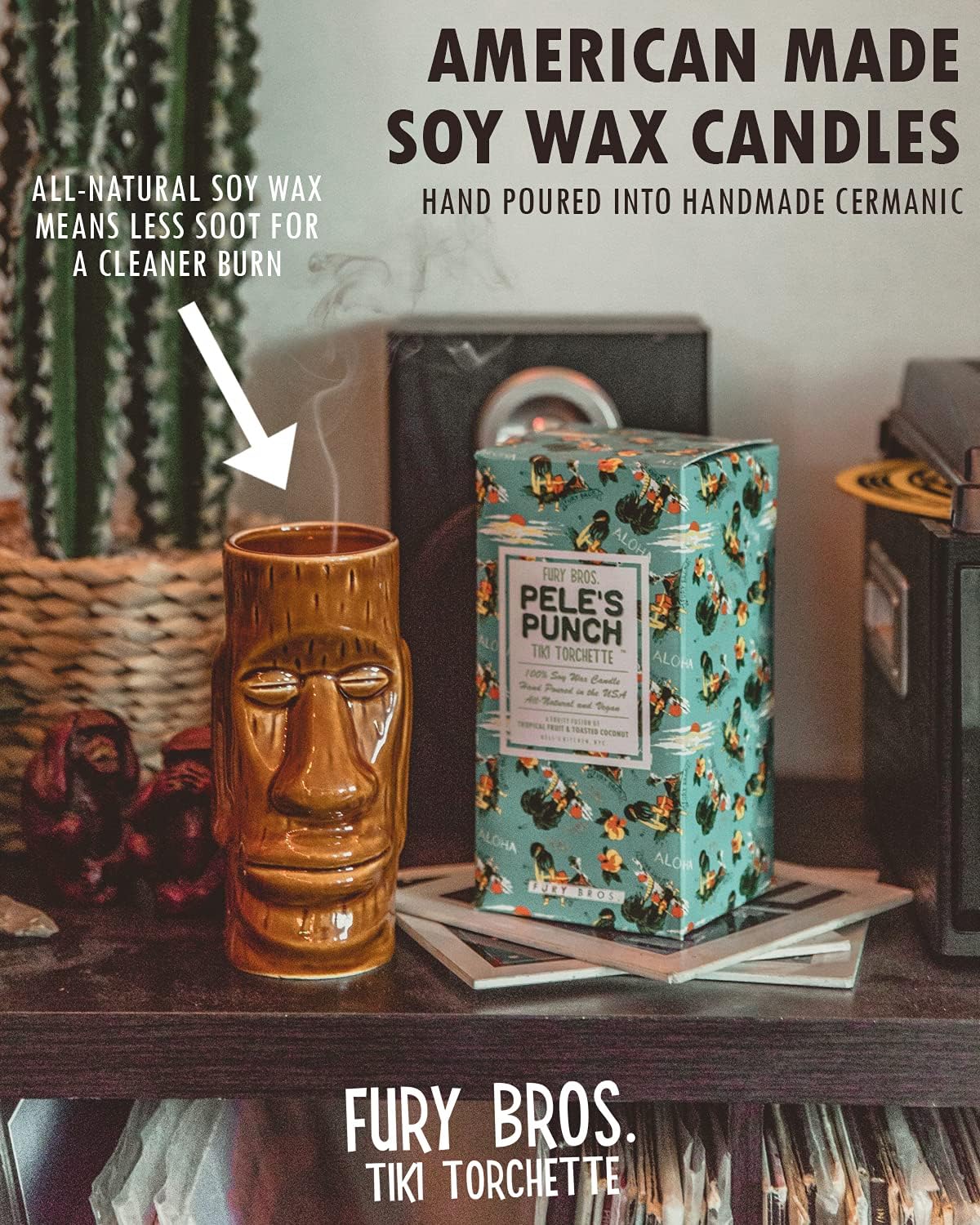 Tiki – Velas de antorcha de FURY BROS.  Un transporte de 70 horas a los trópicos  Analgésico polinesio – Piña, crema de coco y ron  Cera de soja,