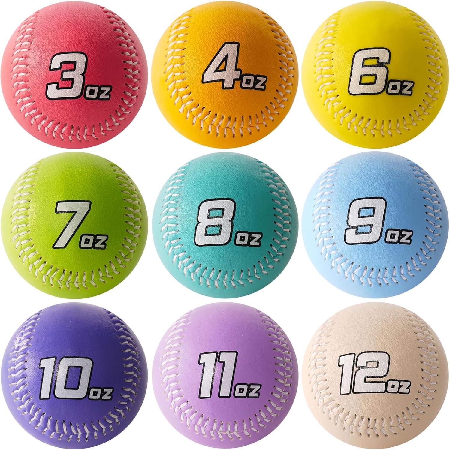 Juego de 9 pelotas de béisbol con peso de cuero, bolas de loy de 3 a 12 onzas para lanzargolpearlanzarbatear, pelotas de béisbol de práctica para