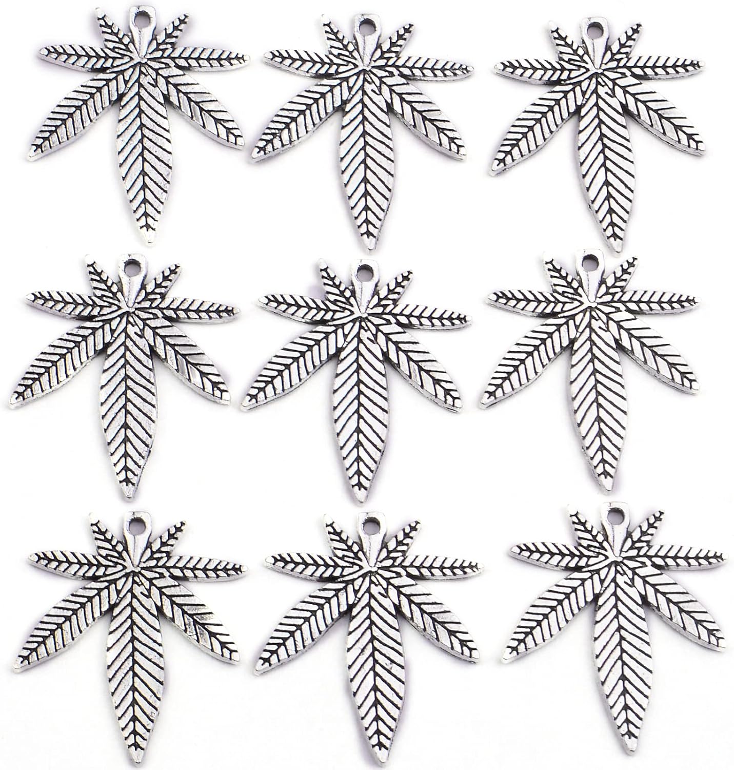50 dijes de hoja de arce de marihuana de plata antigua, maceta médica, hojas de árbol de cannabis, colgantes para manualidades, aretes, collares,