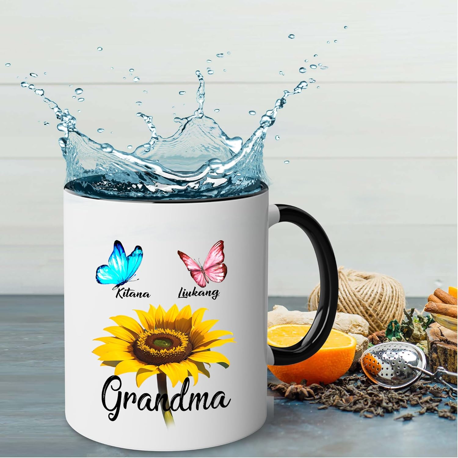 Regalos personalizados para la abuela (2 niños), taza de cerámica personalizada de 11 onzas y 15 onzas para abuela, mujeres con nombre de nietos,
