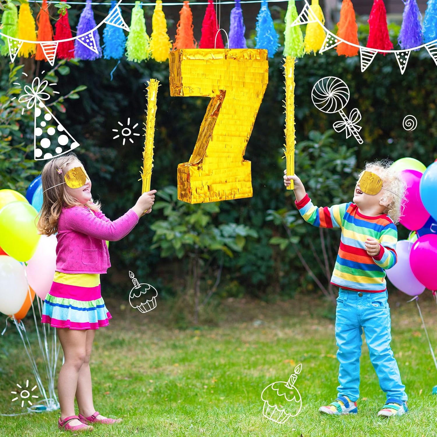 Sratte Piñata con número, decoración de piñata de cumpleaños, piñata de lámina dorada con palo, confeti para niños y niñas, decoraciones de fiesta