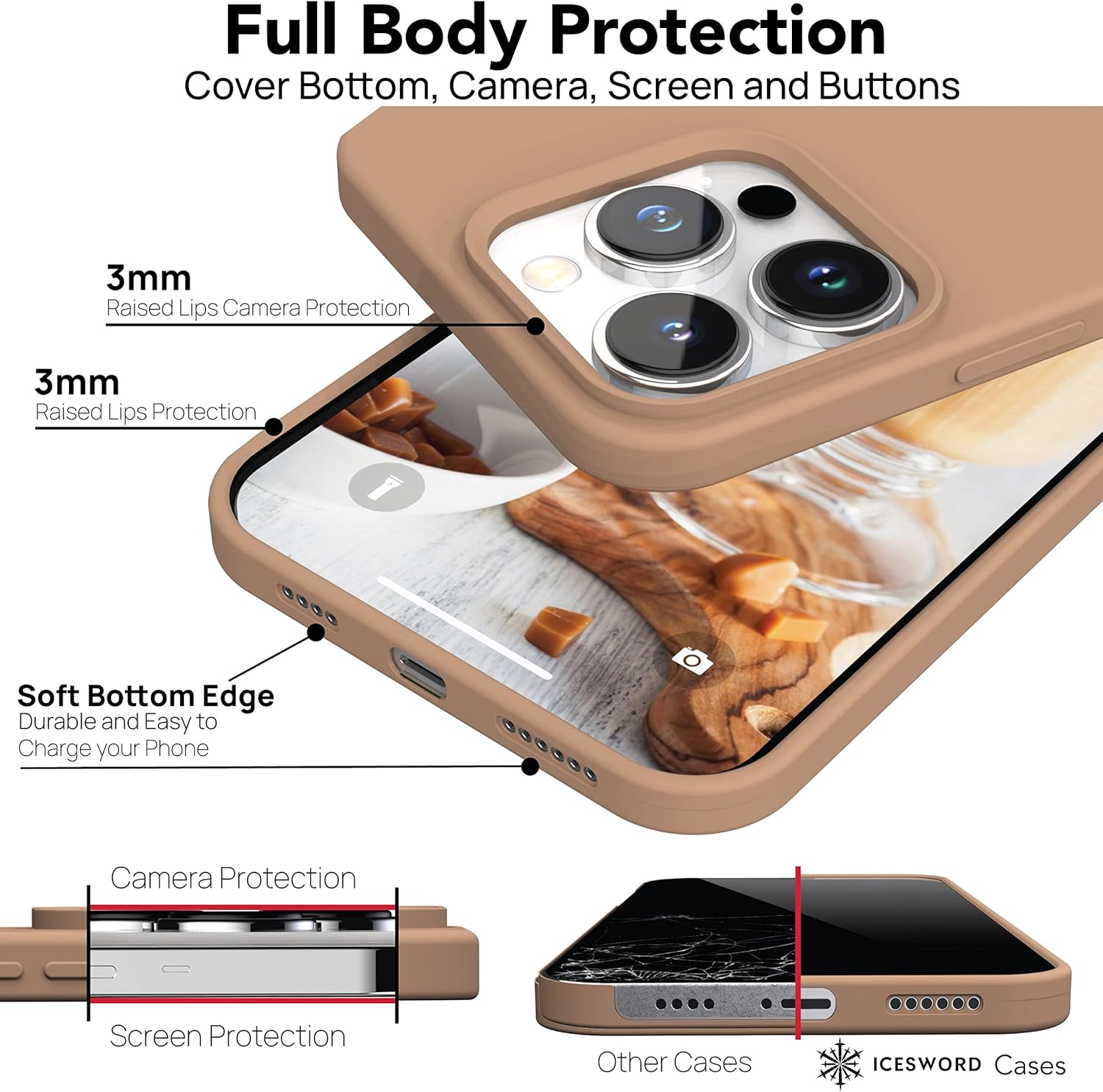 IceSword Funda para iPhone 13 Pro Milk Tea (2021), silicona líquida delgada protectora a prueba de golpes, forro de microfibra suave antiarañazos,