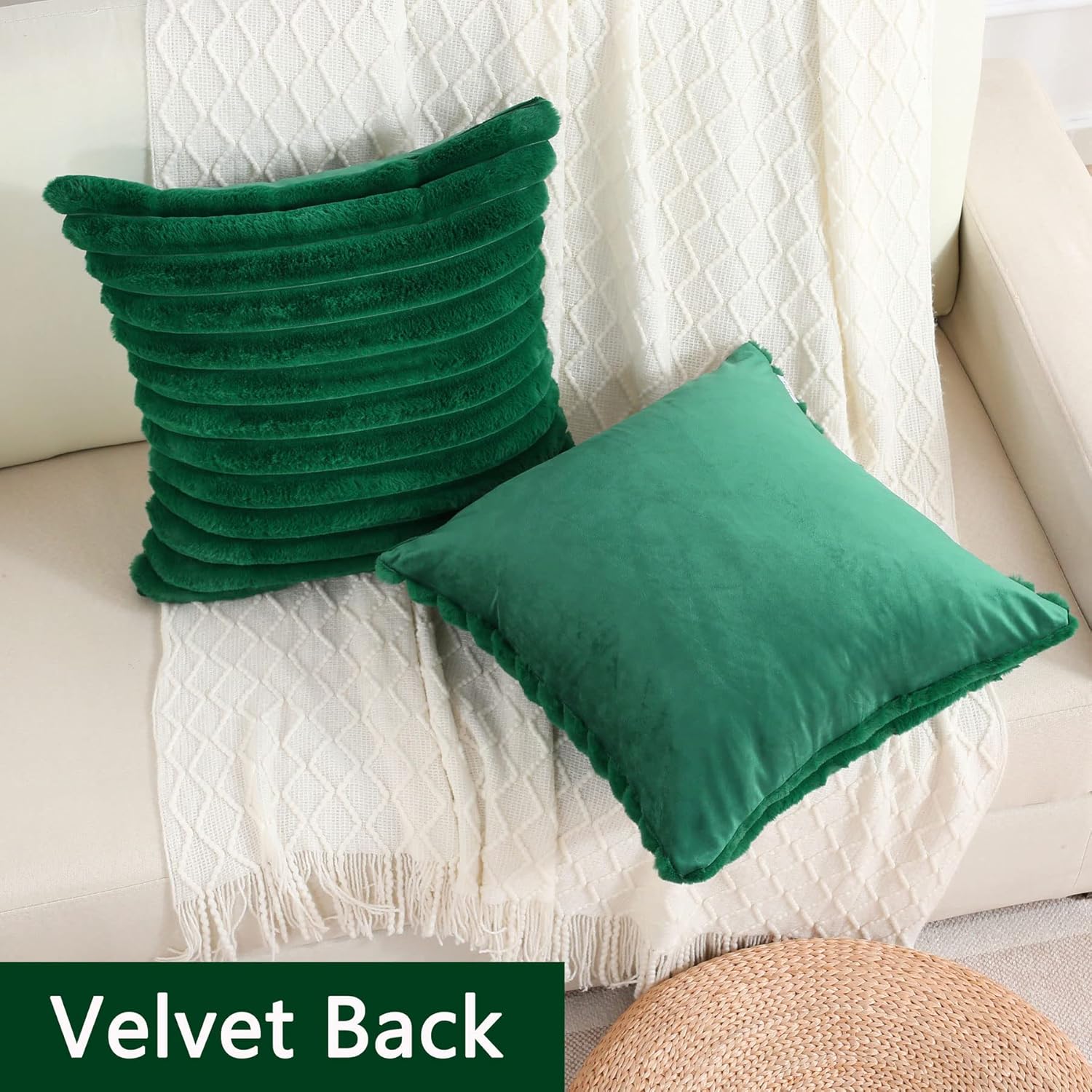 Juego de 2 fundas de almohada decorativas con rayas de color verde esmeralda, 16 x 16 pulgadas, cuadradas y primaverales, piel sintética de conejo