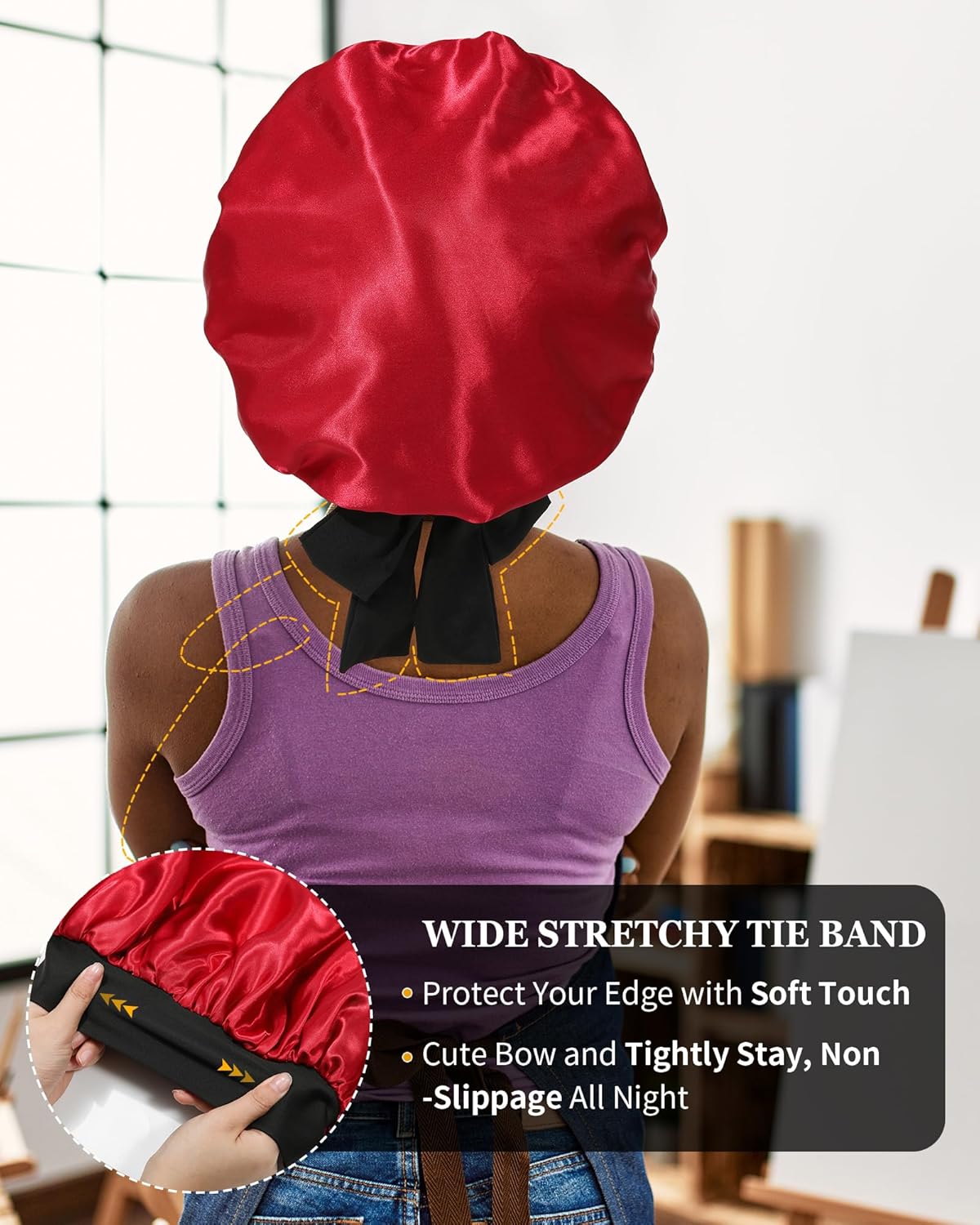Gorro de satén para mujer, gorro de seda para dormir, gorro de pelo rizado con banda de corbata, doble capa para dormir, envoltura para el cabello