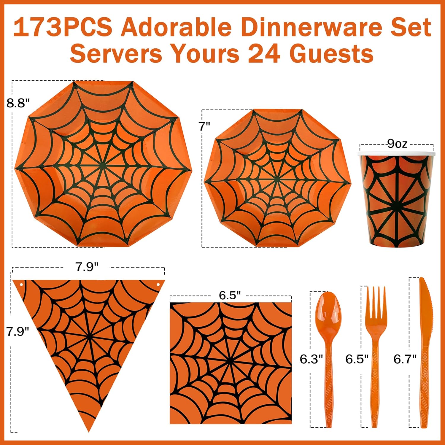 173 piezas de tela de araña de Halloween, suministros de telaraña naranja, juego de vajilla desechable para 24 platos de papel, servilletas, vasos,