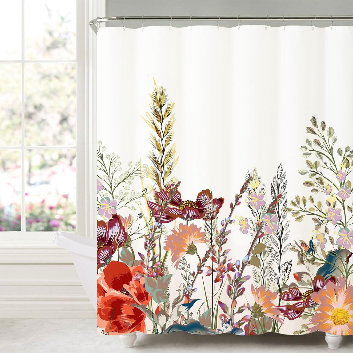 Cortina de ducha floral para baño, cortina de ducha de flores de acuarela con 12 ganchos, decoración de baño para el hogar, bañeras, fácil cuidado,