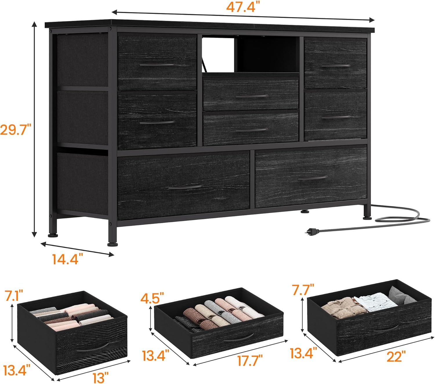 Soporte de TV de 8 aparadores con toma de corriente y LED para TV de 55 pulgadas, cómoda larga para dormitorio con 8 cajones profundos, mesa consola