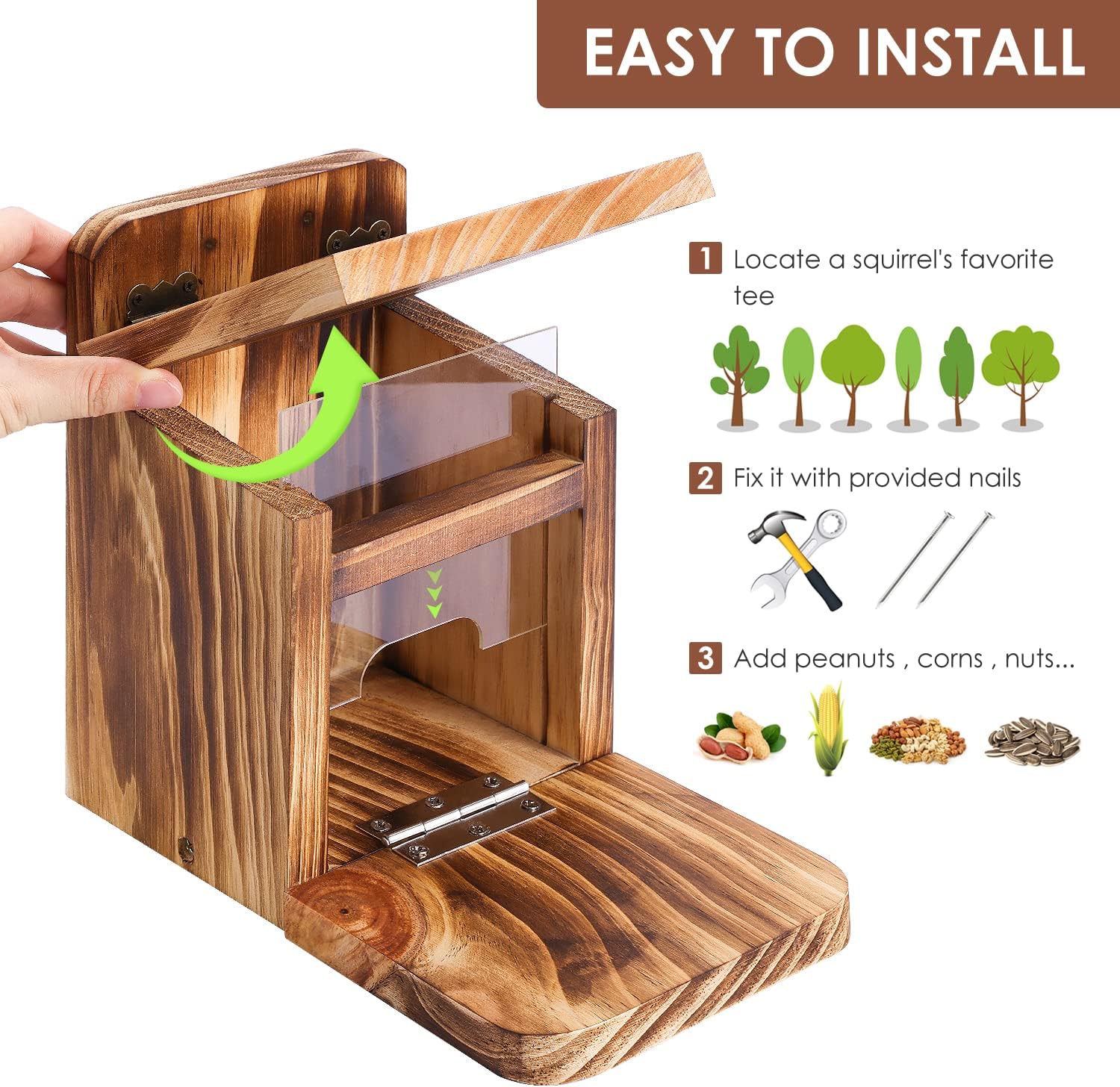 MIXXIDEA Caja de alimentación de ardilla de madera, resistente casa de alimentación de ardillas con grosor de madera de 0.6 in, no requiere montaje,