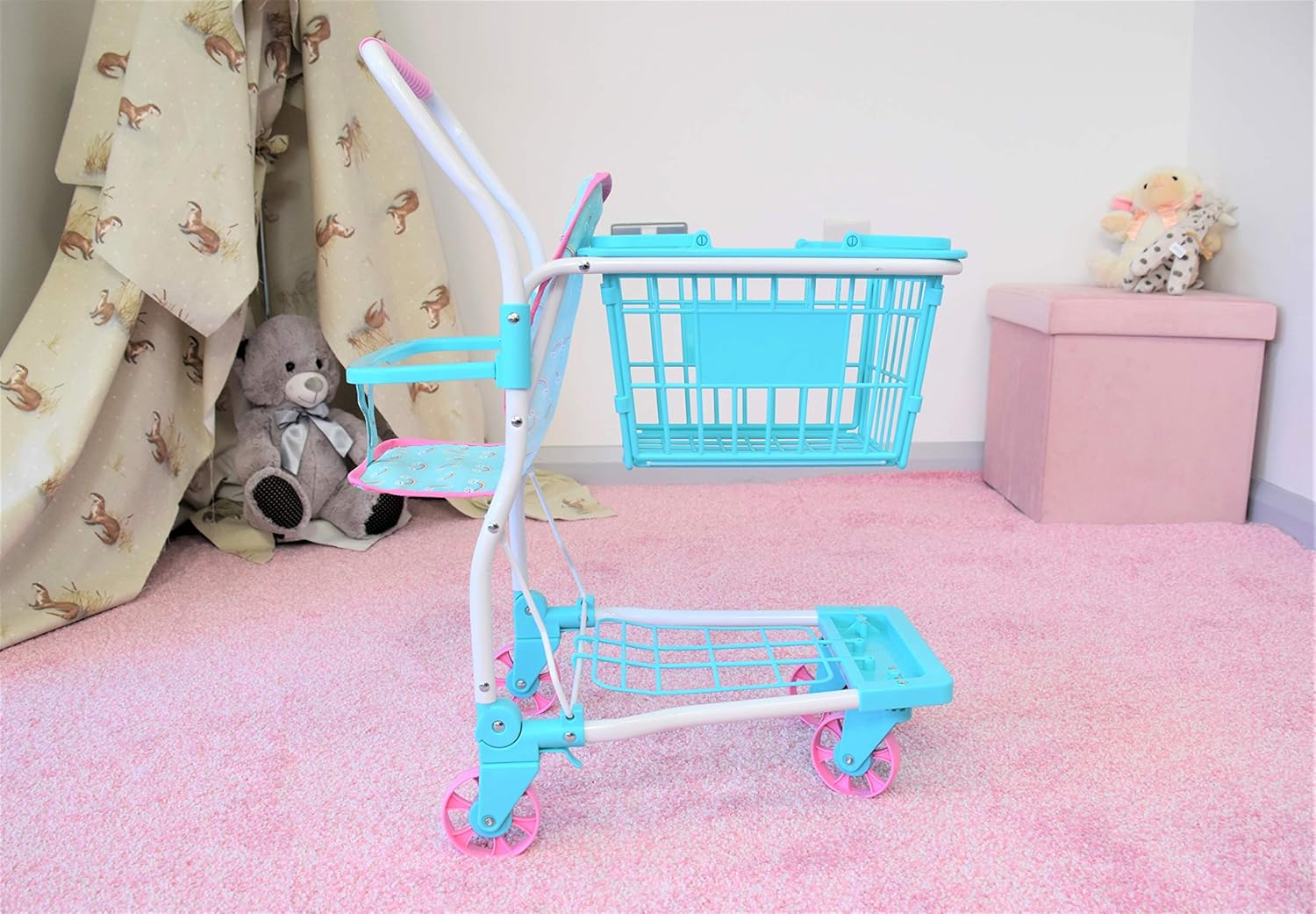 KOOKAMUNGA KIDS Carrito de compras de juguete con cesta de mano extraíble  Carrito de comestibles realista 2 en 1 para niños con soporte de asiento