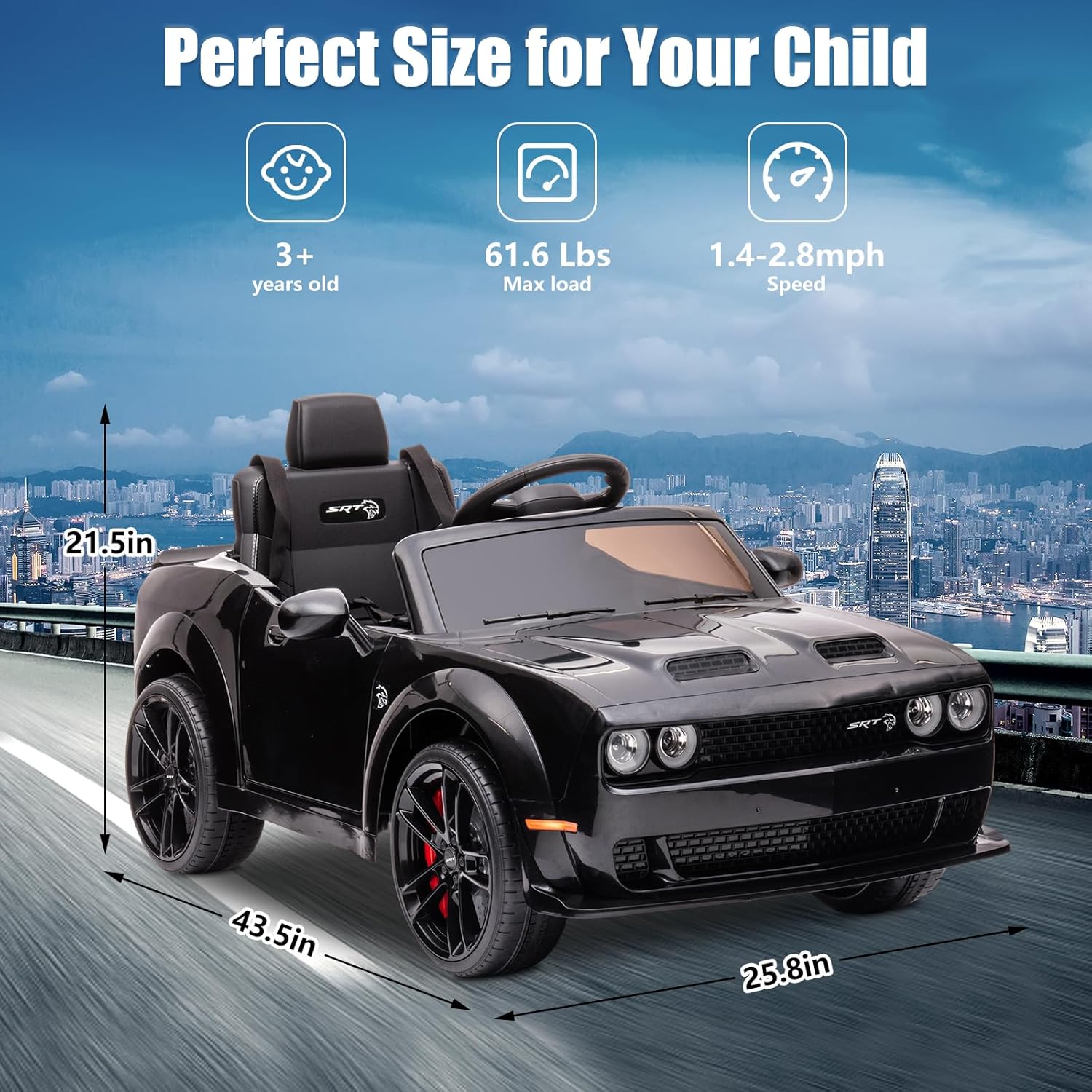 SEGMART Dodge Kids Ride on Car, vehículo eléctrico de 12 V para niños con control remoto, luz LED, MP3 y Bluetooth, sistema de suspensión (negro)