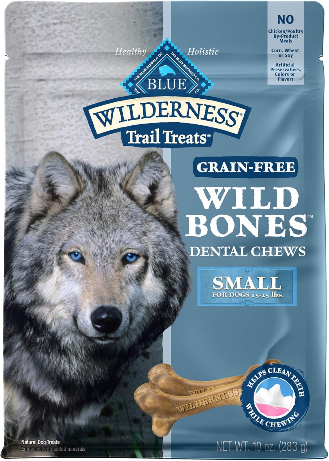 Blue Buffalo Wilderness Wild Bones – Golosinas dentales masticables sin granos, bolsa pequeña de 10 onzas