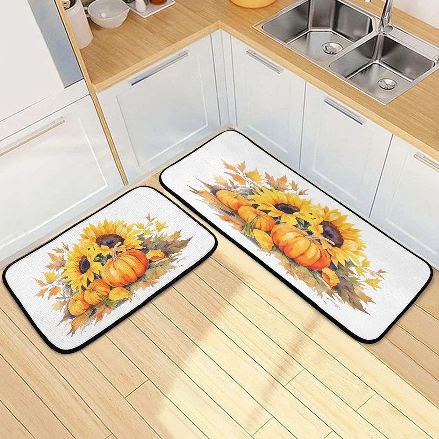 Exnundod Juego de 2 alfombras de cocina de otoño con diseño de girasoles de calabaza, girasoles, alfombra de corredor, lavable, antideslizante,