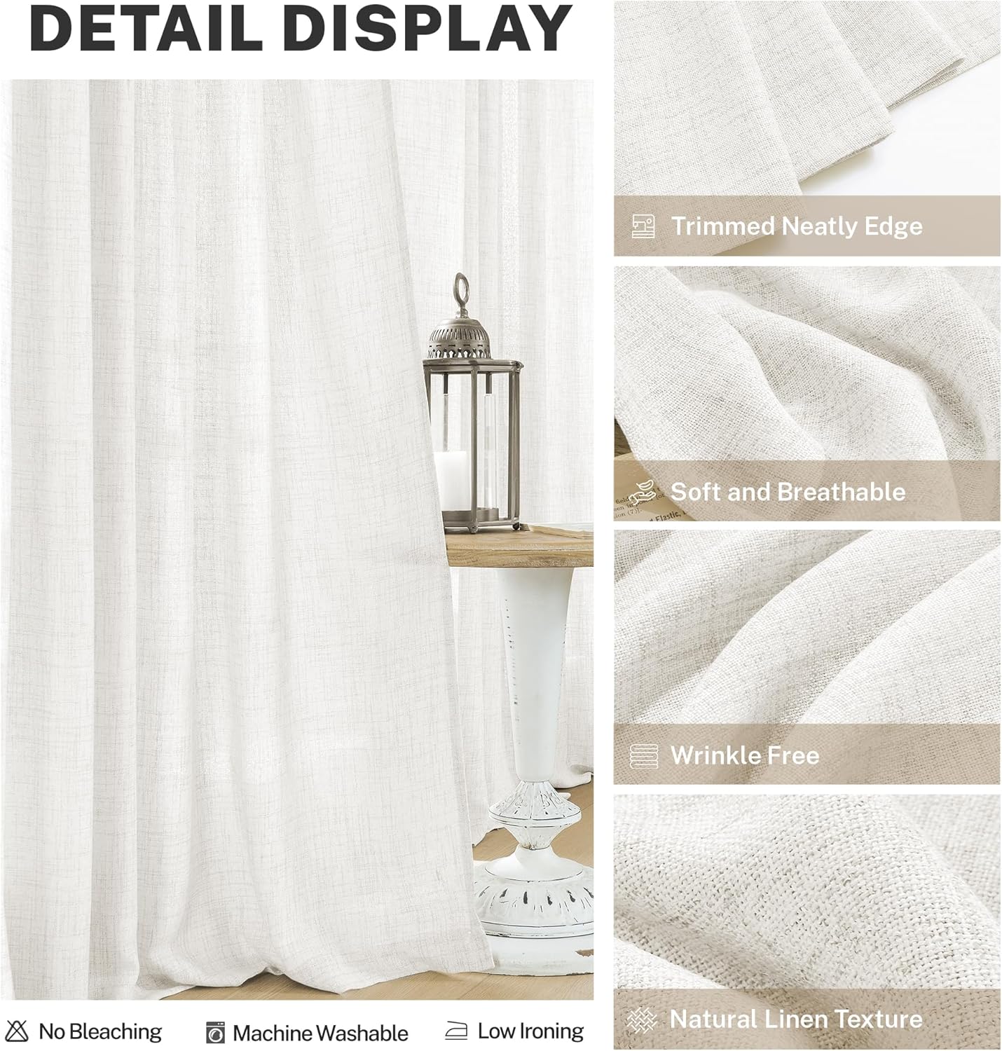 Cortinas de lino marfil de 108 pulgadas de largo para sala de estar, juego de 2 paneles de color blanco crema con pestaña trasera, cortinas de lino