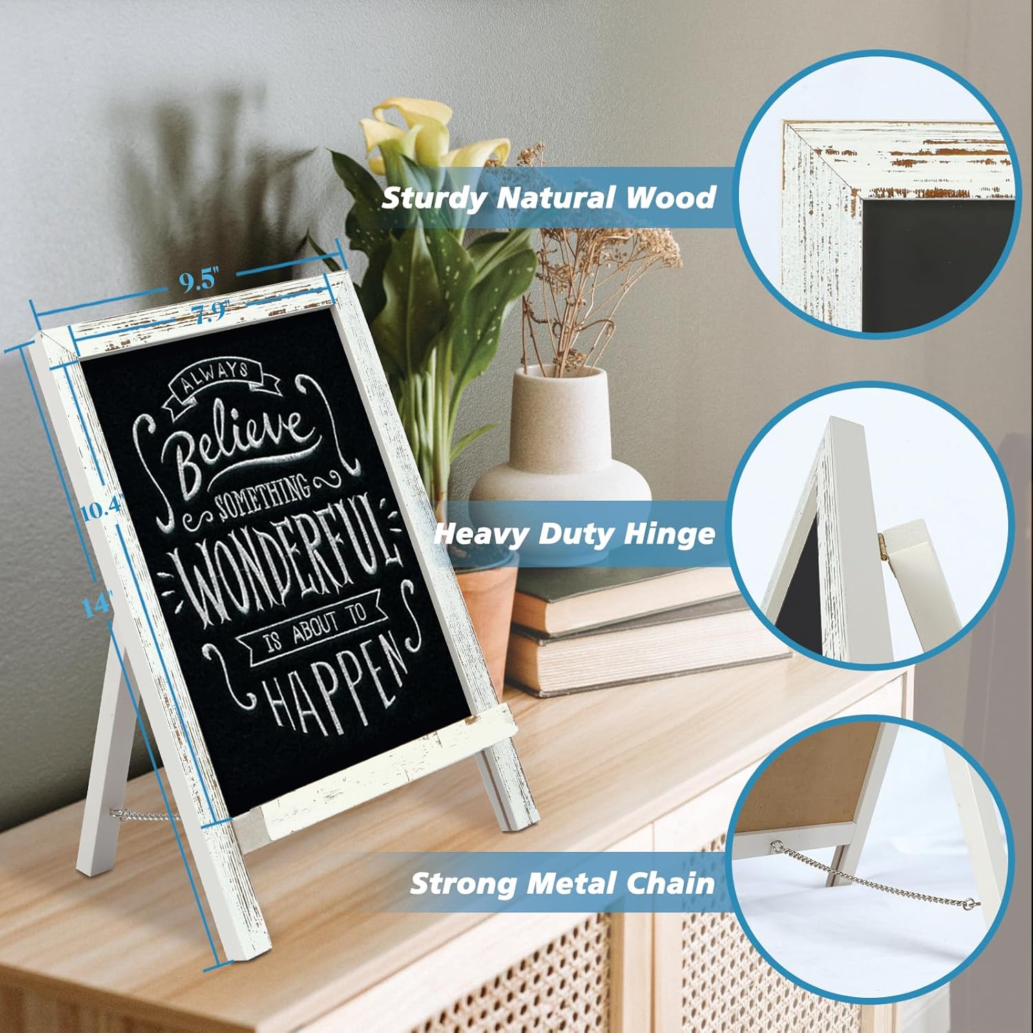4 THOUGHT Letreros pequeños de pizarra de mesa para alimentos, 9.5 x 14 pulgadas, mini pizarra magnética de madera con soporte para niños,