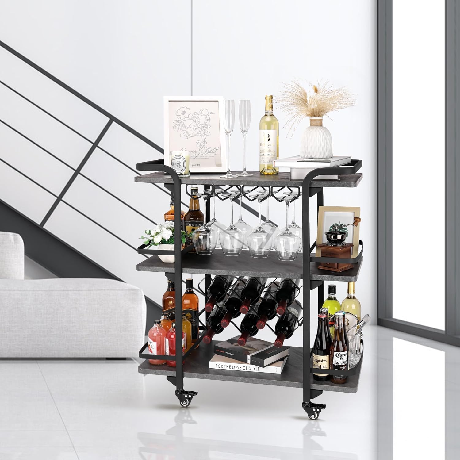 Jubao Carrito de barra de 3 niveles para el hogar, móvil con soportes para vidrio y 8 estantes de almacenamiento de vino, carrito de cocina para