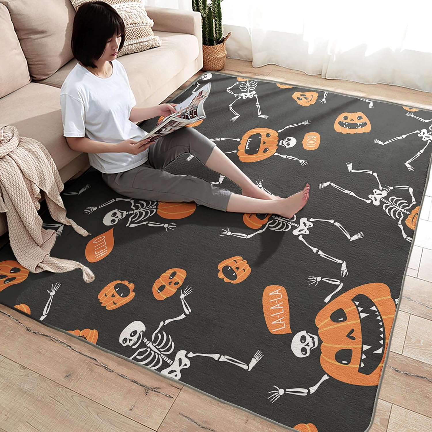 Alfombra de esqueleto de 2 x 3 pies, alfombra de Halloween, alfombras divertidas para entrada, sala de estar, dormitorio, alfombra de calabaza,