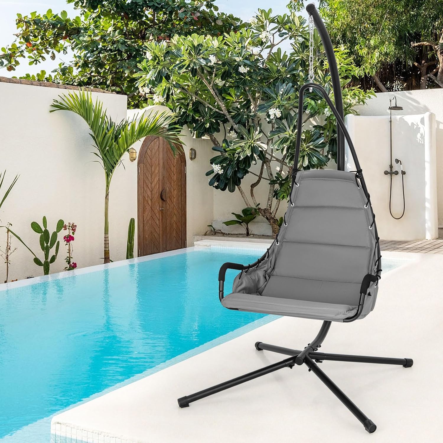 Tangkula Silla columpio con soporte, silla colgante de huevo para interiores y exteriores con cojín, silla hamaca para interiores y exteriores con