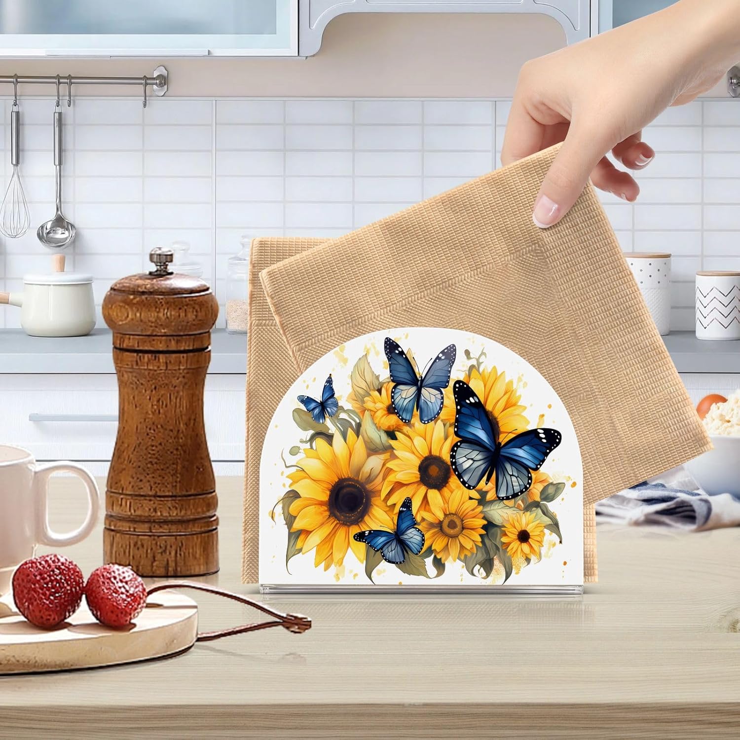 Servilletero de acrílico transparente con girasol y mariposa, servilletero, dispensador de mesa de comedor para cocina, restaurante, decoración del