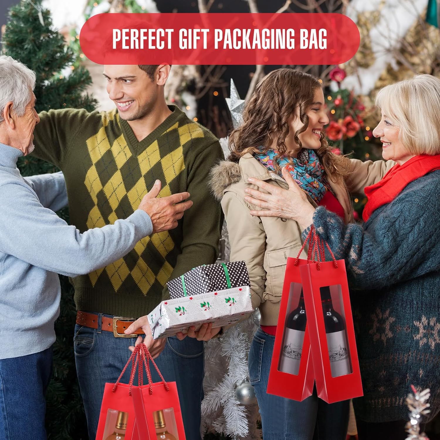 Paquete de 100 bolsas de vino tinto para botellas de vino, bolsas de regalo de vino a granel con asas de ventana de 3.5 x 3.7 x 13.6 pulgadas,