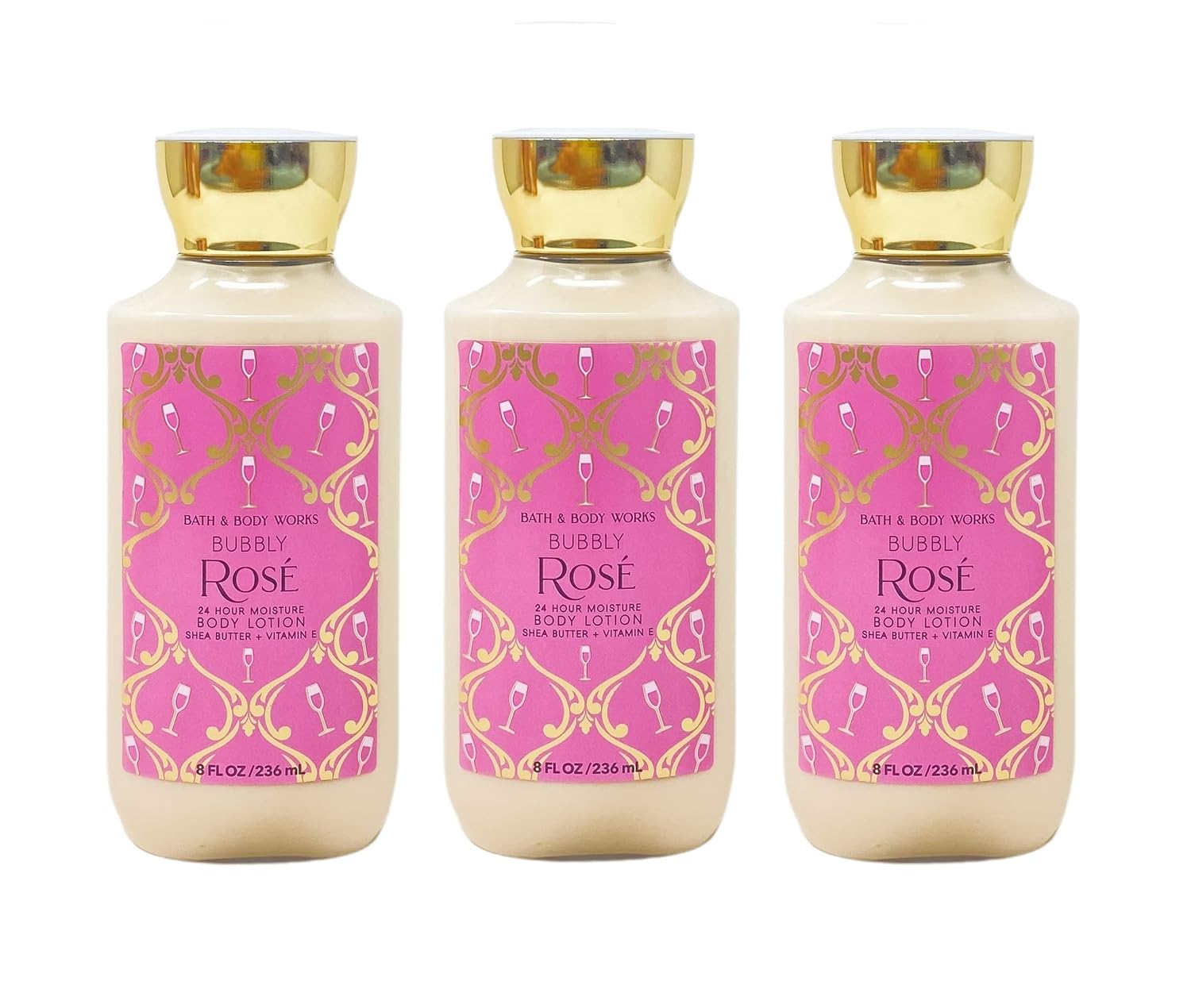 Bath & Body Works Bubbly Rose – Set de loción corporal hidratante para 24 horas, juego de 3