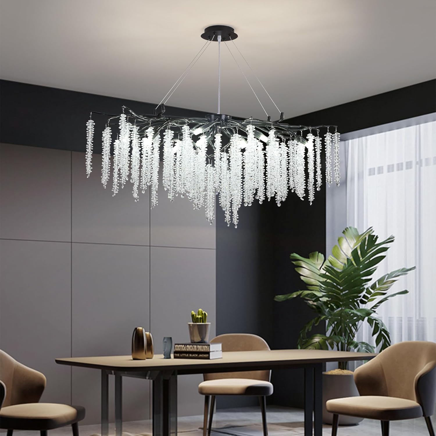 Candelabro moderno de ramas de árbol de cristal, color negro, de 42 pulgadas, estilo Art Deco, grande, rectangular, lineal, con gotas de lluvia para