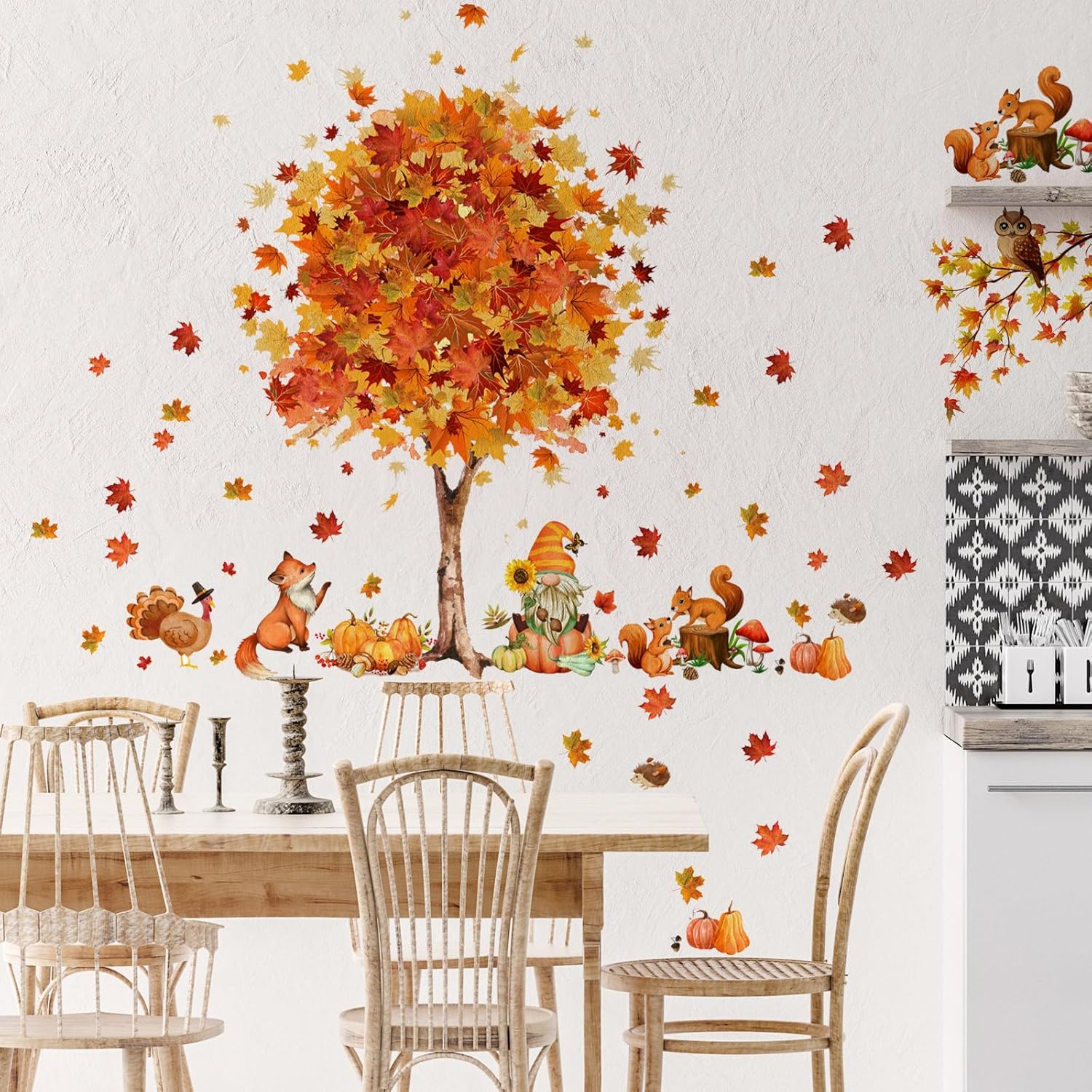 Calcomanías de pared de árbol de Acción de Gracias de gran tamaño, calcomanías de pared de hojas de arce, cosecha de otoño, calabaza, árbol,