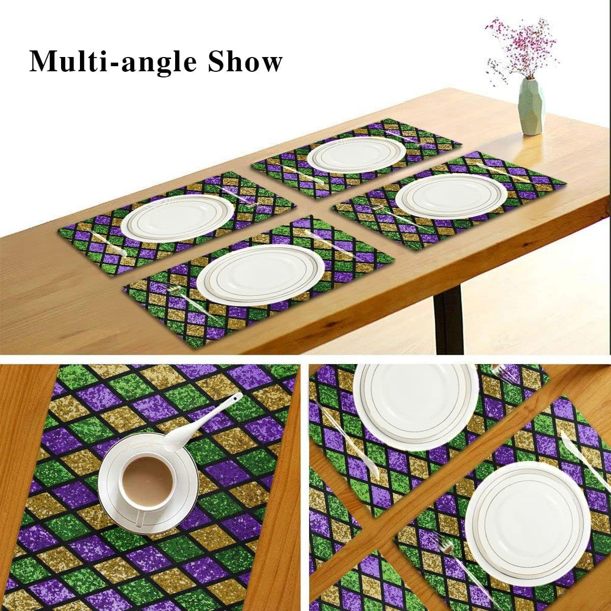 Happy Gardi Gras – Juego de 4 manteles individuales dorados, morados, verdes, máscara de flor de Lis con cuentas de confeti y plumas para fiesta de