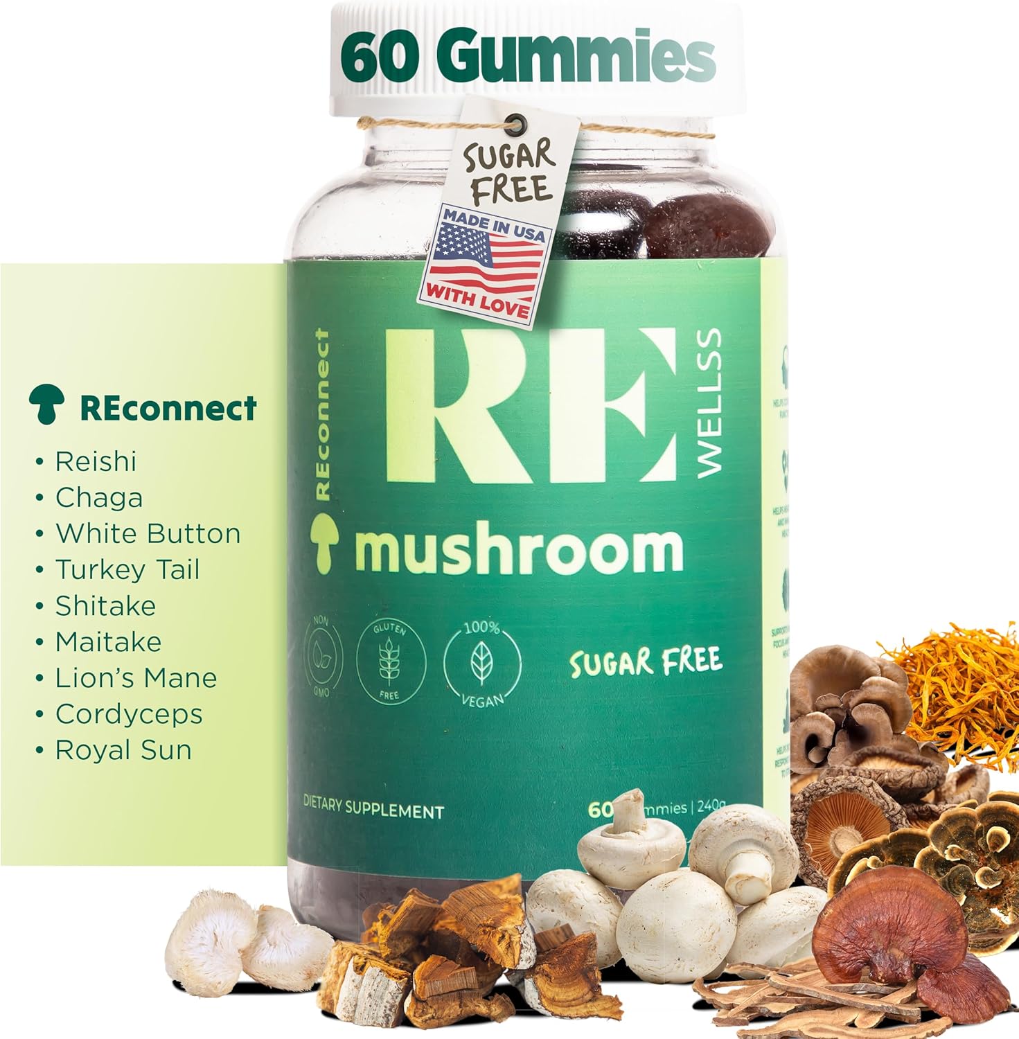 REWELLS Gomitas de hongos I Gomitas sin azúcar I Suplementos dietéticos I Suplemento de hongos para hombres y mujeres I 8.47 oz I 60 gomitas