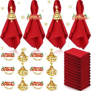 Sliner Juego de 24 servilletas y anillos de Navidad, 12 servilletas de Navidad lavables de color rojo y 12 servilleteros de Navidad para cenas Sliner Juego de 24 servilletas y anillos de Navidad, 12 servilletas de Navidad lavables de color rojo y 12 servilleteros de Navidad para cenas