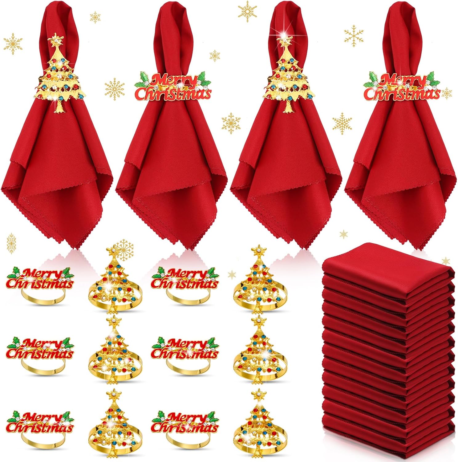 Sliner Juego de 24 servilletas y anillos de Navidad, 12 servilletas de Navidad lavables de color rojo y 12 servilleteros de Navidad para cenas