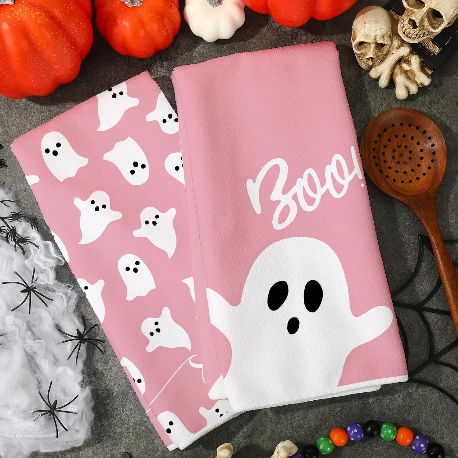 AnyDesign – Toalla de cocina de Halloween de 18 x 28 pulgadas, color rosa y blanco, toalla de cocina de secado a mano para limpiar la cocina, 2