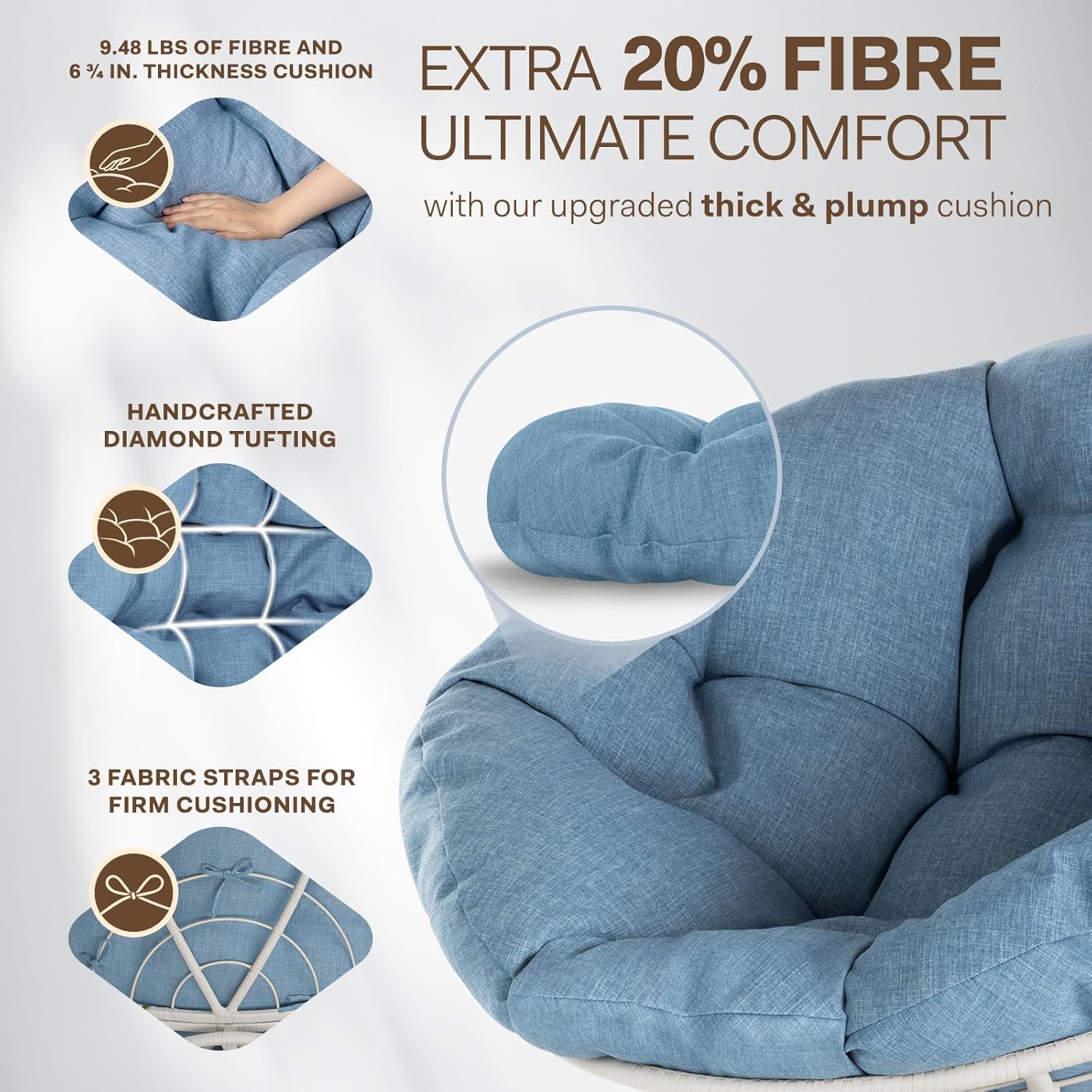 Bme Silla Papasan ergonómica de mimbre con cojín de tela de densidad gruesa suave, marco de acero de alta capacidad, giro de 360 grados para sala,