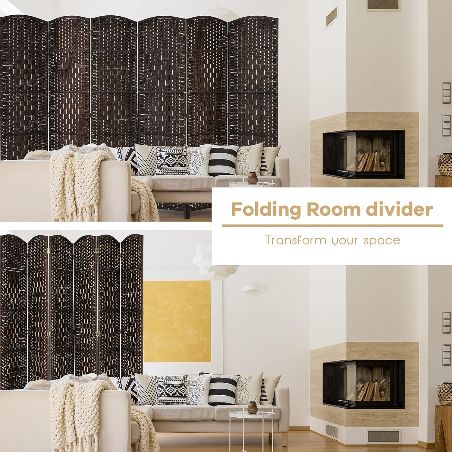 Giantex Divisor de habitación de 6 paneles de 6 pies de alto, panel divisor de madera independiente con fibra de papel tejida hecha a mano,