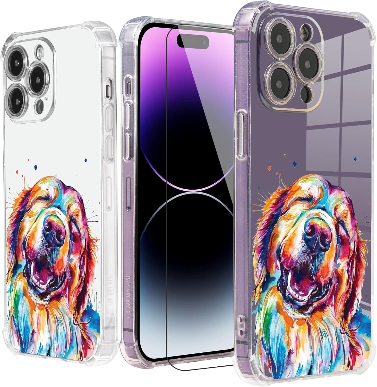 Roemary Buffertech – Funda protectora para iPhone 15 Pro Max con diseño Golden Retriever, diseño de arcoíris con protector de pantalla impacto de