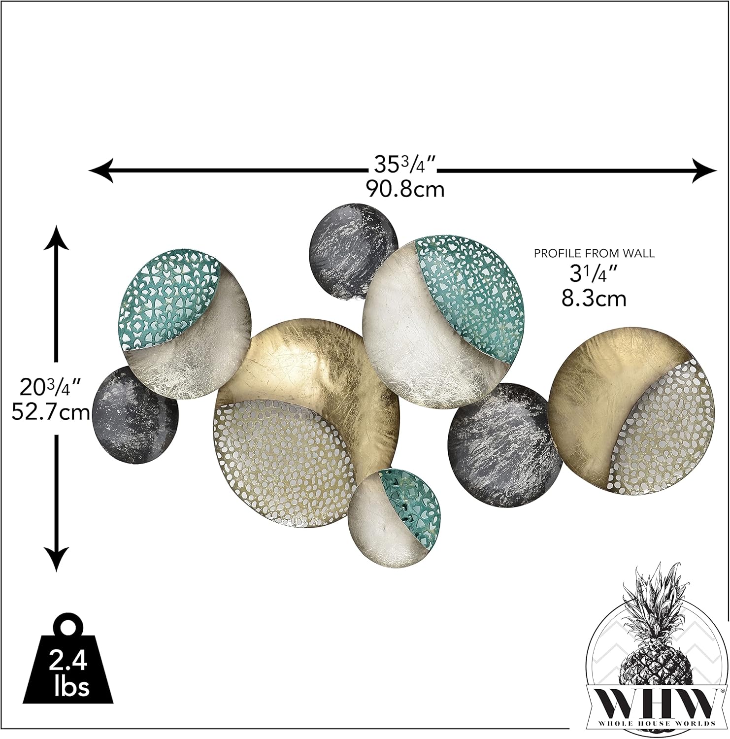 WHW Whole House Worlds MODERNIST HOME Círculos flotantes, arte abstracto de pared de metal, hecho a mano, dorado dorado, negro, blanco y gris