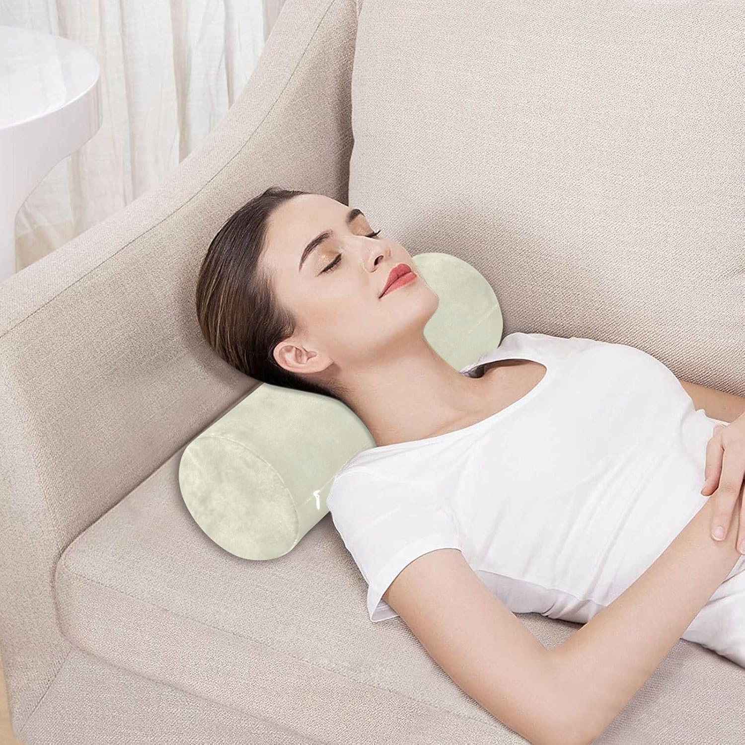 Beige Neutral Color Sólido Liso Redondo Cervical Rodillo Almohada Almohada Cuello Rodillo Almohada Soporte Pequeñas Almohadas Redondas Almohada
