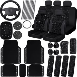 CHENGU Juego completo de 39 fundas de asiento de automóvil de tela de terciopelo brillante para mujer, accesorios brillantes para volante de mujer, CHENGU Juego completo de 39 fundas de asiento de automóvil de tela de terciopelo brillante para mujer, accesorios brillantes para volante de mujer,