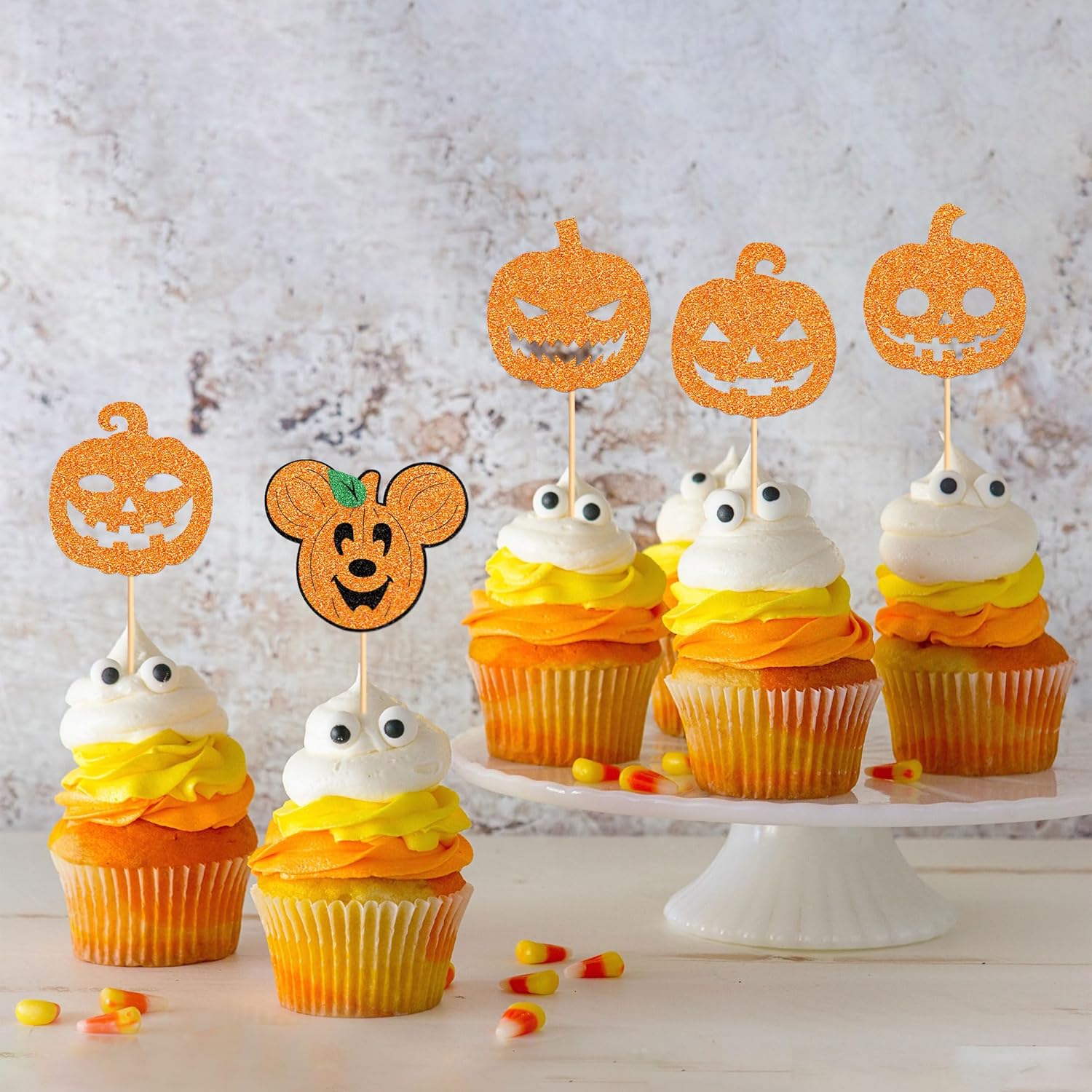 Ercadio Paquete de 30 adornos de calabaza para cupcakes de Halloween con purpurina de terror de calabaza para cupcakes Jack-O-Lantern para temática
