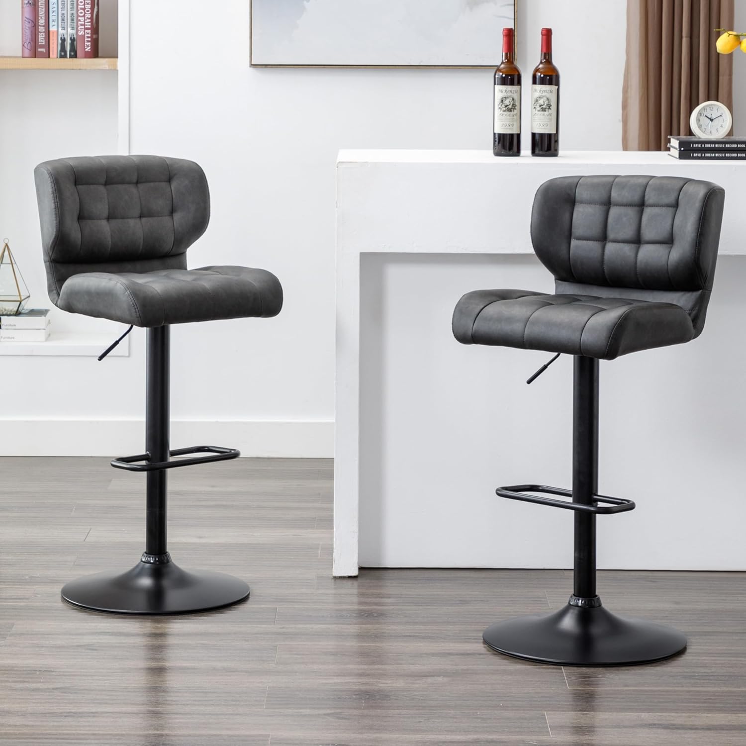 Urban Home Furniture Harvey Taburetes de bar ajustables con respaldo bajo, sillas de bar giratorias de piel sintética gris plomizo para cocinaisla,