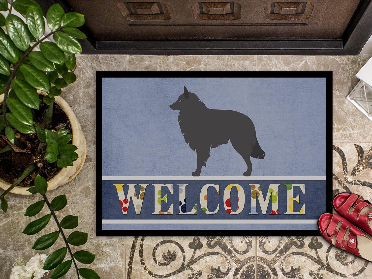 Caroline’s Treasures BB8301MAT Groenendael – Felpudo de pastor belga de 18 x 27 pulgadas, tapete azul para puerta delantera, para interiores y