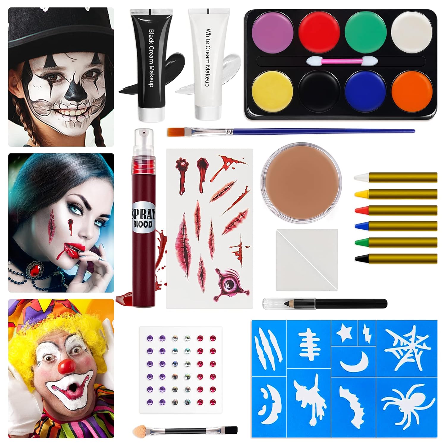 Kit de maquillaje de Halloween, pintura facial de esqueleto blanco y negro, paleta de maquillaje de bruja payaso, maquillaje de zombi vampiro para