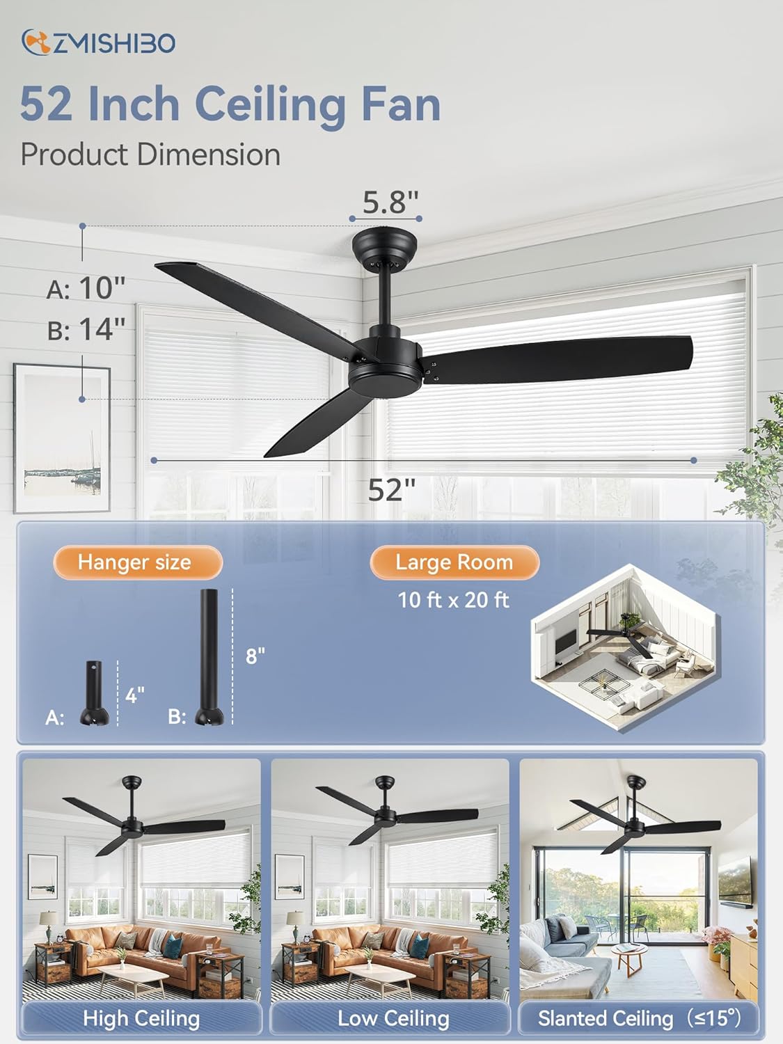 ZMISHIBO Paquete de 2 ventiladores de techo para exteriores de 52 pulgadas con control remoto, ventilador de techo negro, sin luz con motor CC
