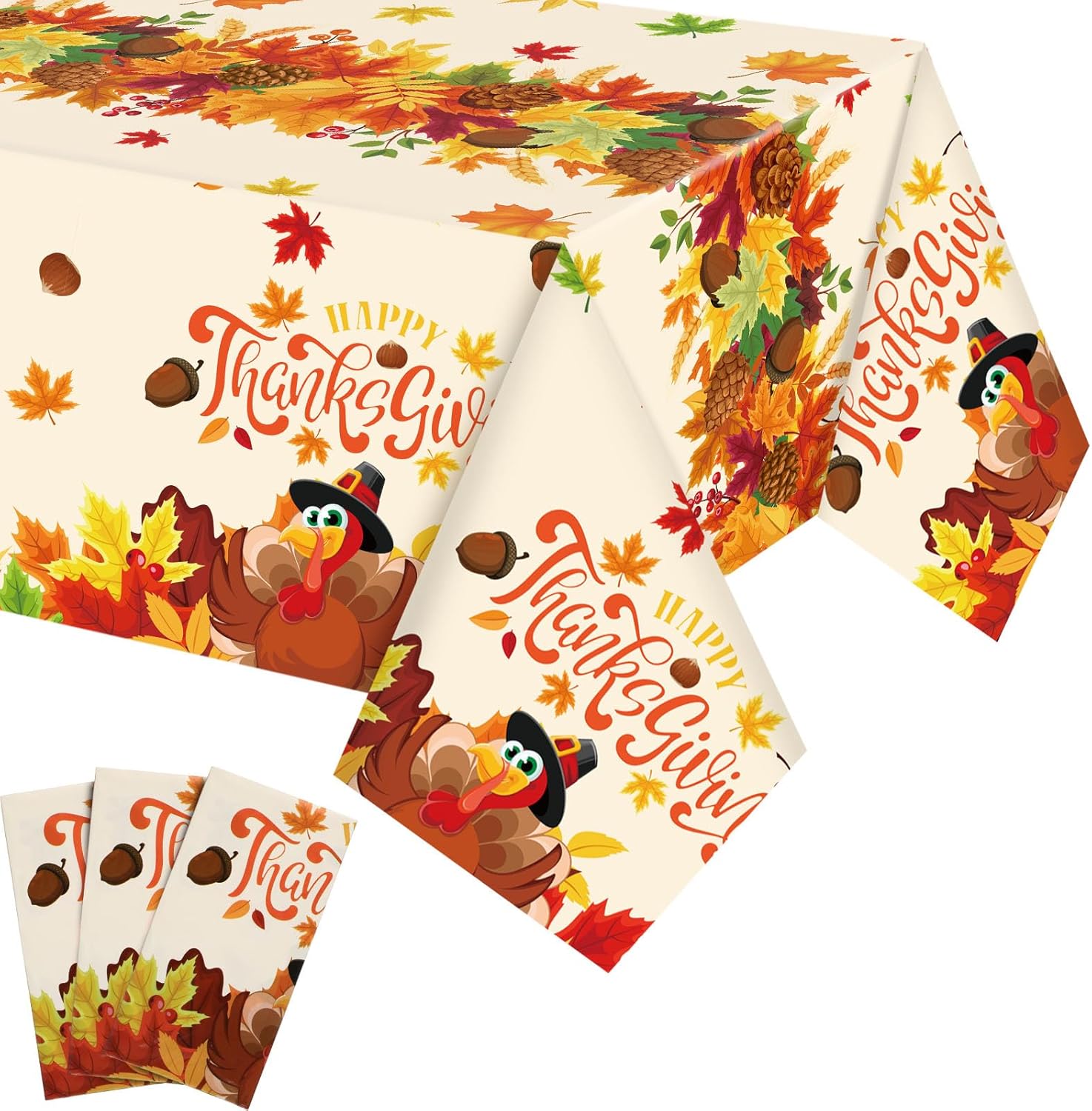 Newwiee 3 manteles de plástico con texto en inglés “Happy Thanksgiving”, manteles de pavo de otoño de 54 x 108 pulgadas, desechables, suministros de