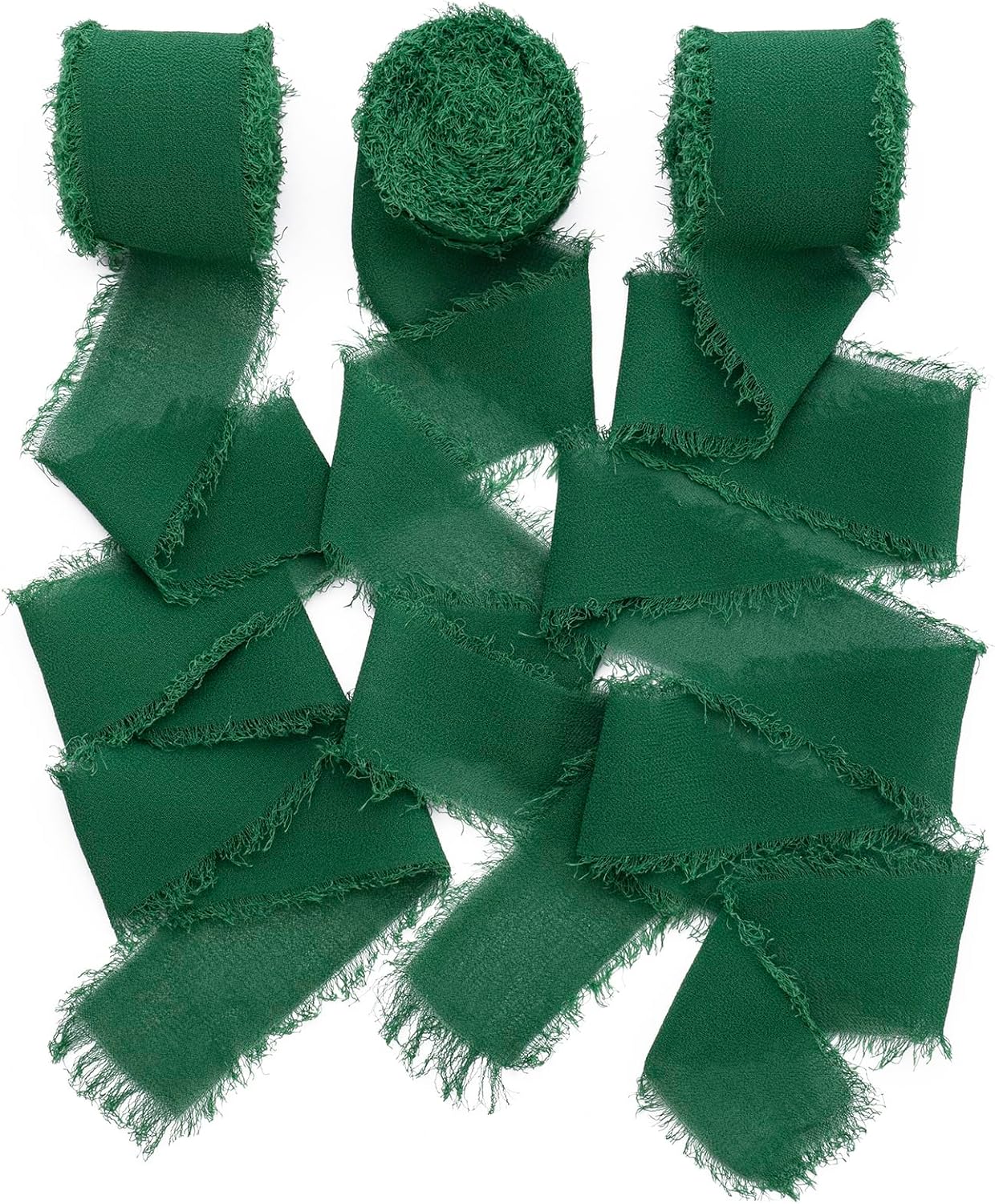 Cinta de gasa, 3 rollos de cinta de gasa de seda con flecos de color verde oscuro hecho a mano de 1.5 pulgadas x 7 yardas, juego de cintas para