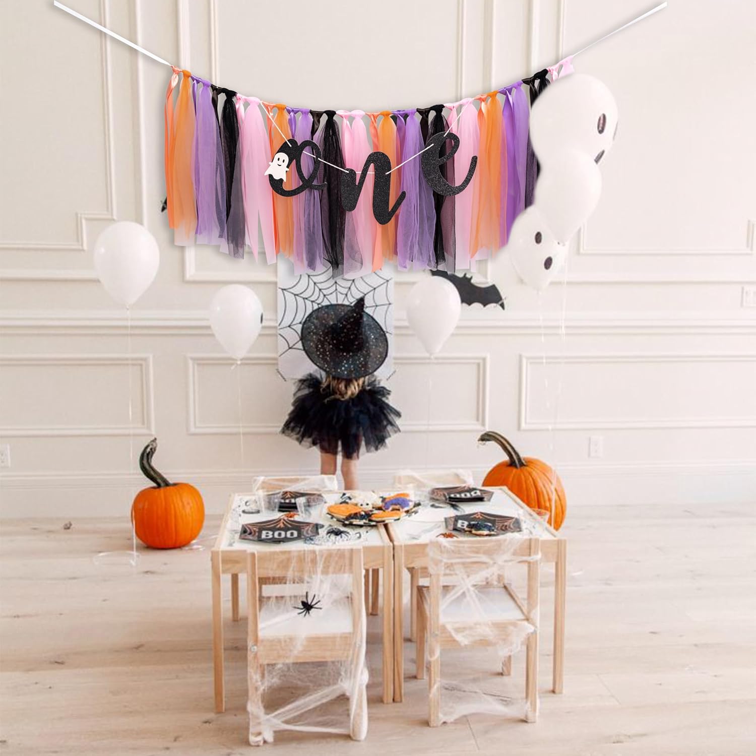 Cartel de Halloween para la primera silla de bebé, fantasma de Halloween, decoración de cumpleaños rosa y morado para niñas, decoración espeluznante