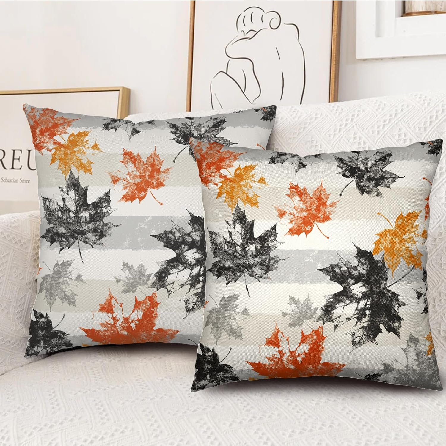 Juego de 2 fundas de almohada de hojas de otoño de 18 x 18 pulgadas, fundas de almohada decorativas de hojas de arce otoñales a rayas grises, fundas