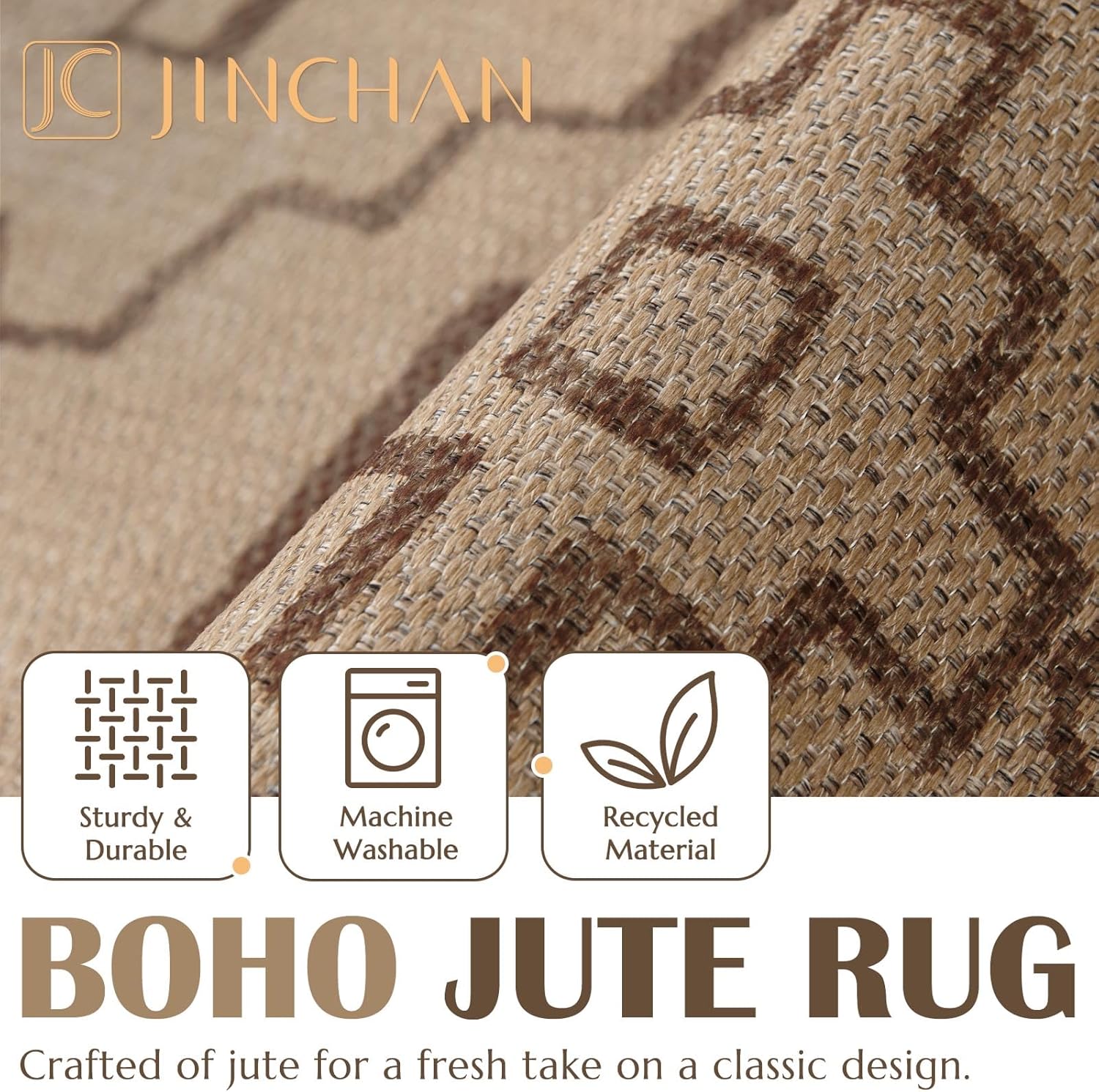 jinchan Alfombra de yute reciclada para interiores y exteriores, de 6 x 9 pies, estilo bohemio, elegante, con estampado geométrico, marrón,