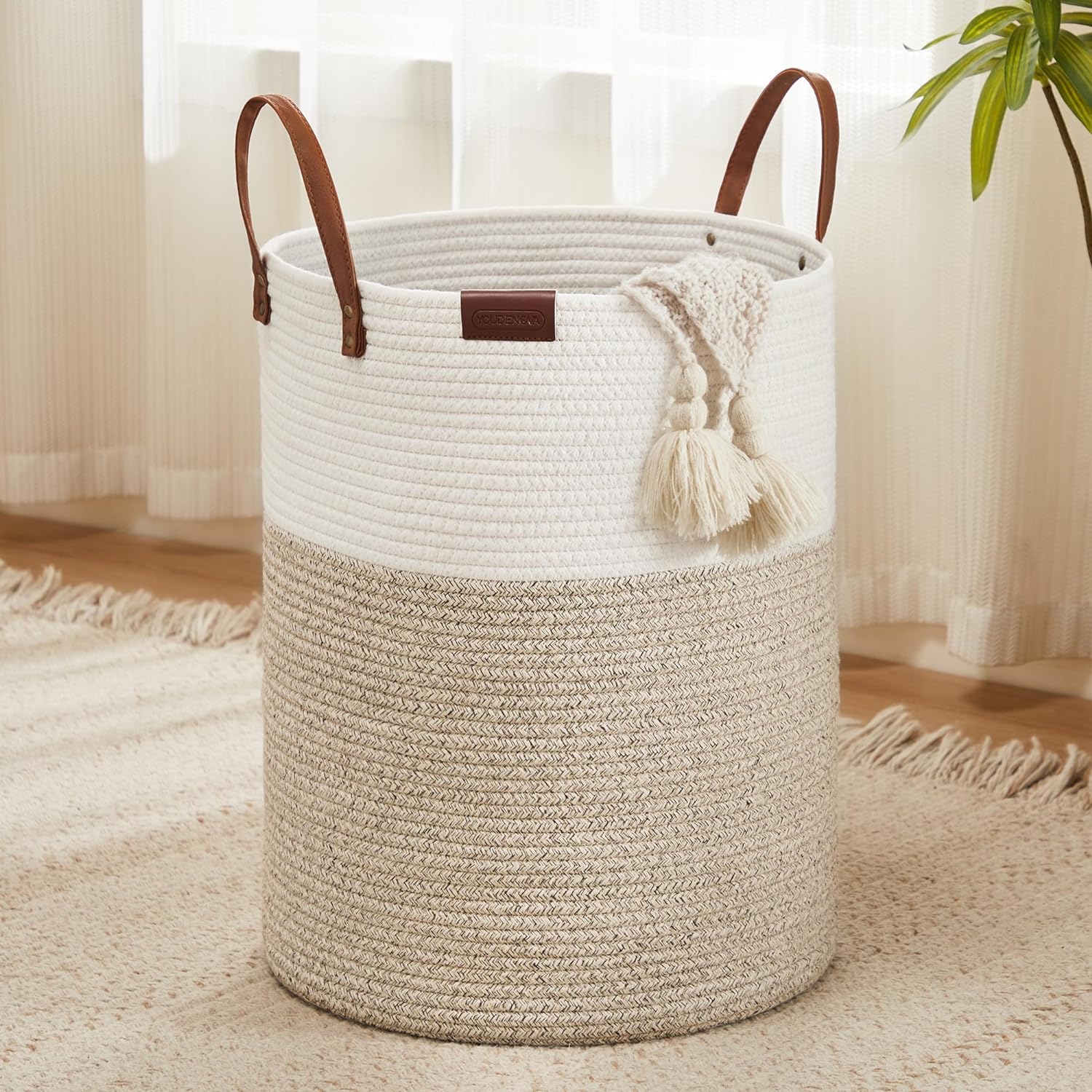 Cesta de cuerda de algodón para la ropa sucia, 58 litros, plegable, cesta de almacenamiento de ropa para mantas, organización de lavandería,